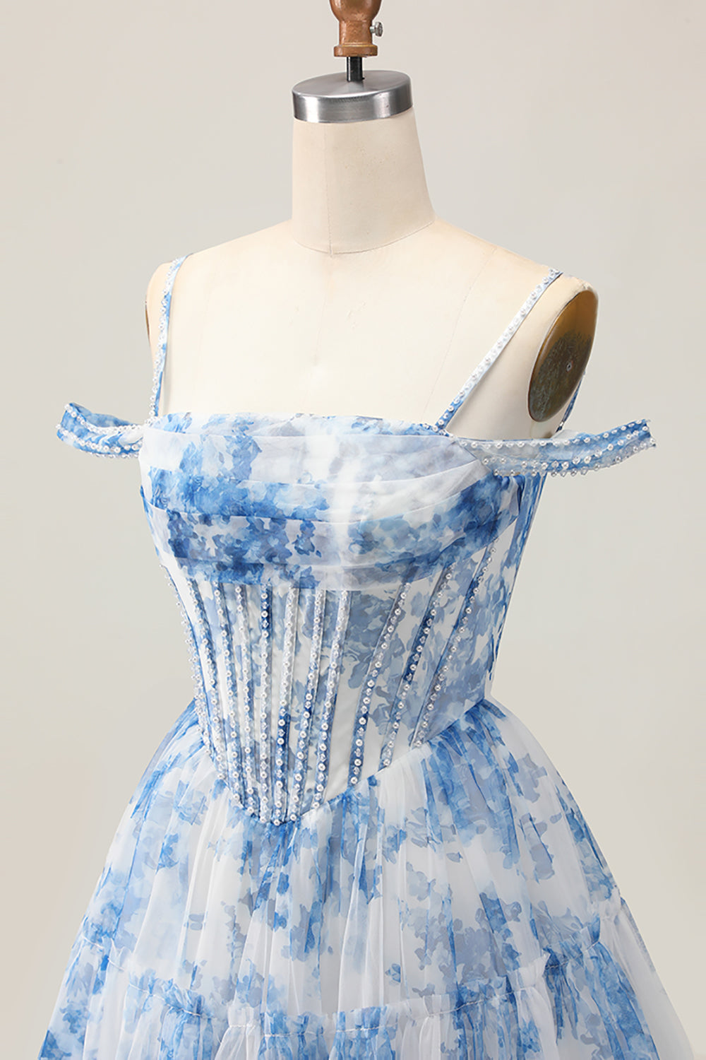 A-Line Cold Shoulder Corset Beaded Short Homecoming Dress with Pearls