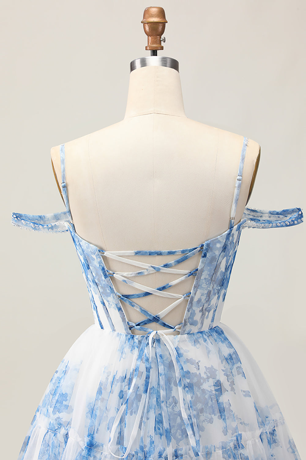 A-Line Cold Shoulder Corset Beaded Short Homecoming Dress with Pearls