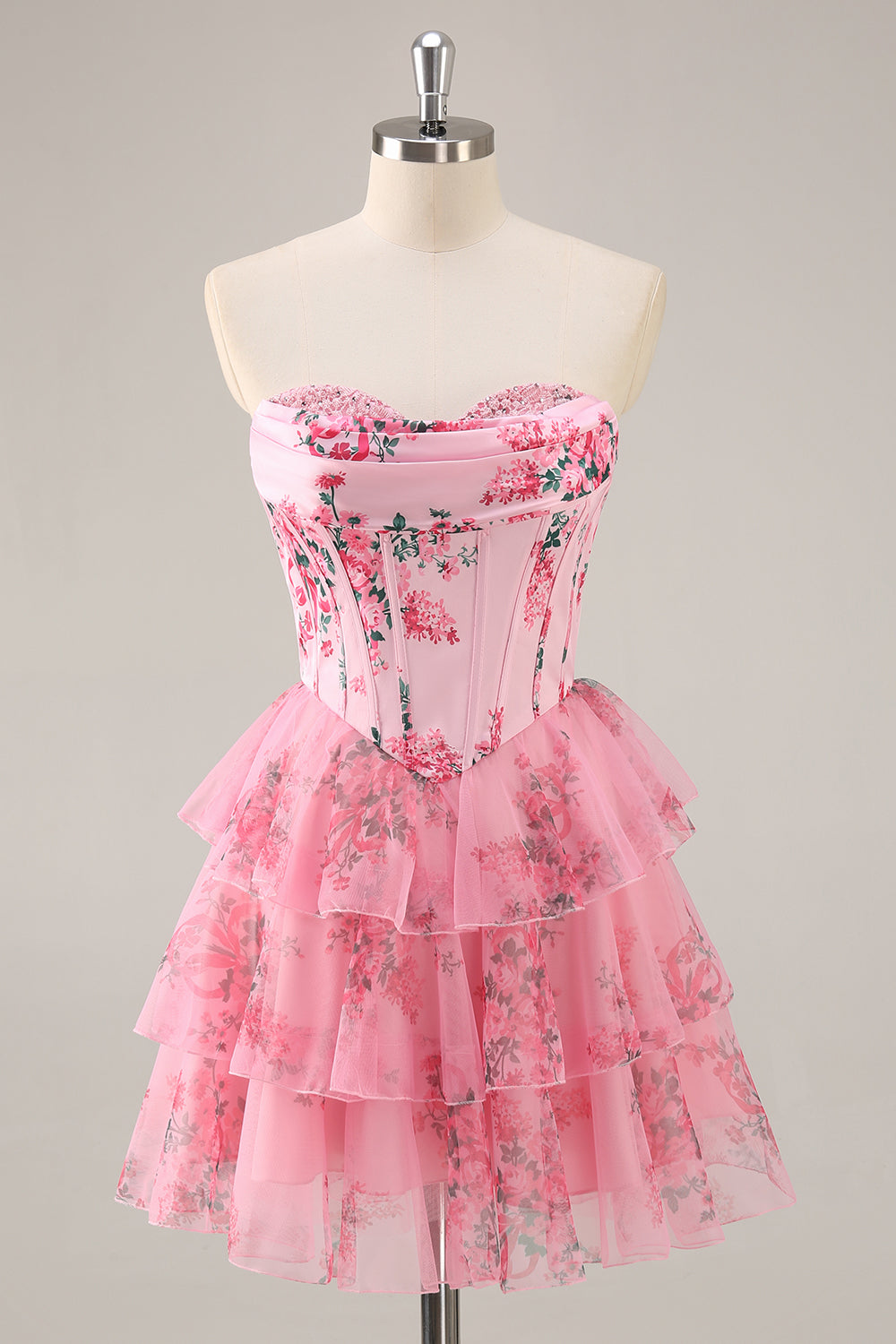 A-line Cowl Neck Blue Floral Print Strapless Corset Homecoming Dress