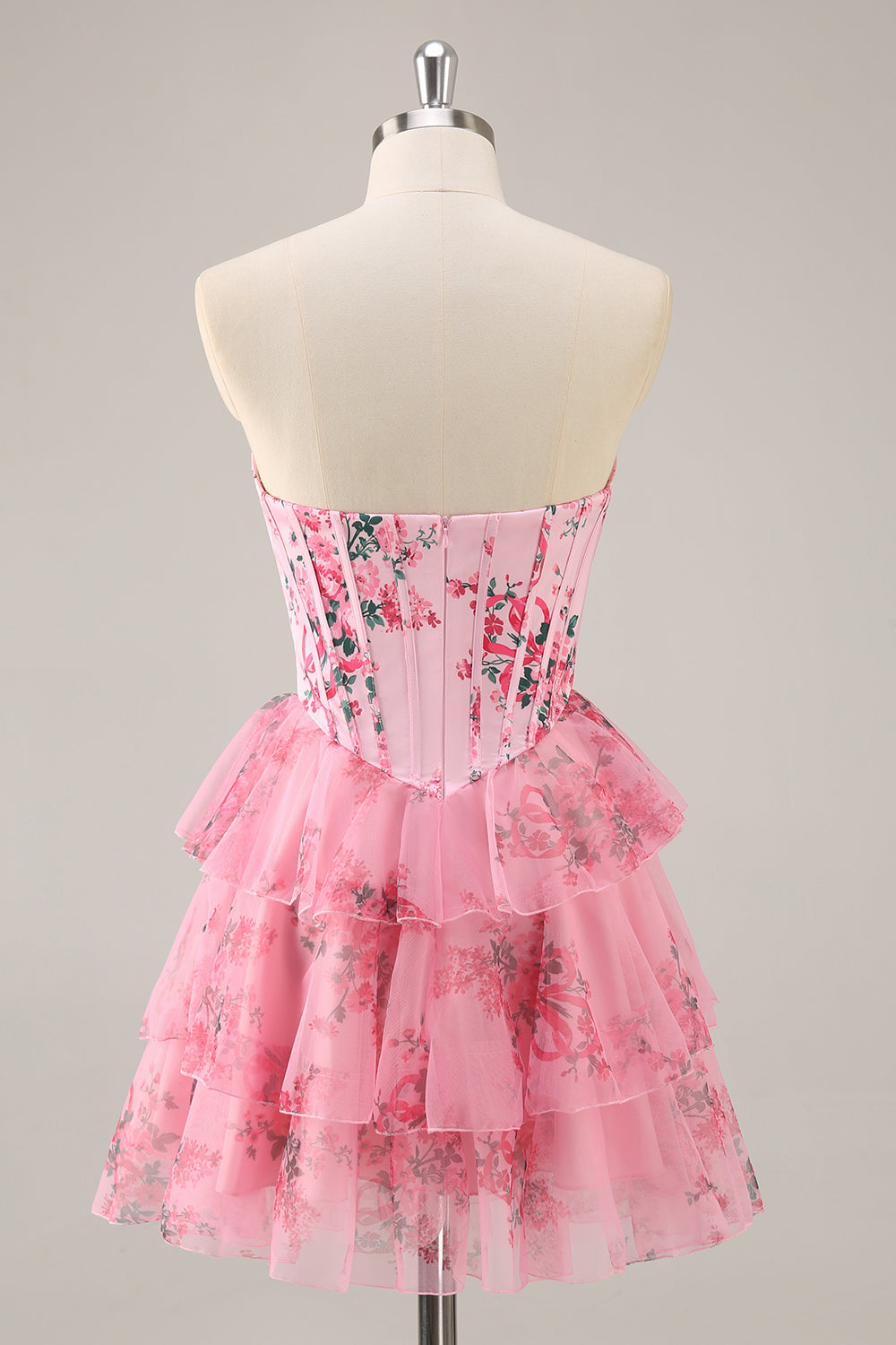 A-line Cowl Neck Blue Floral Print Strapless Corset Homecoming Dress