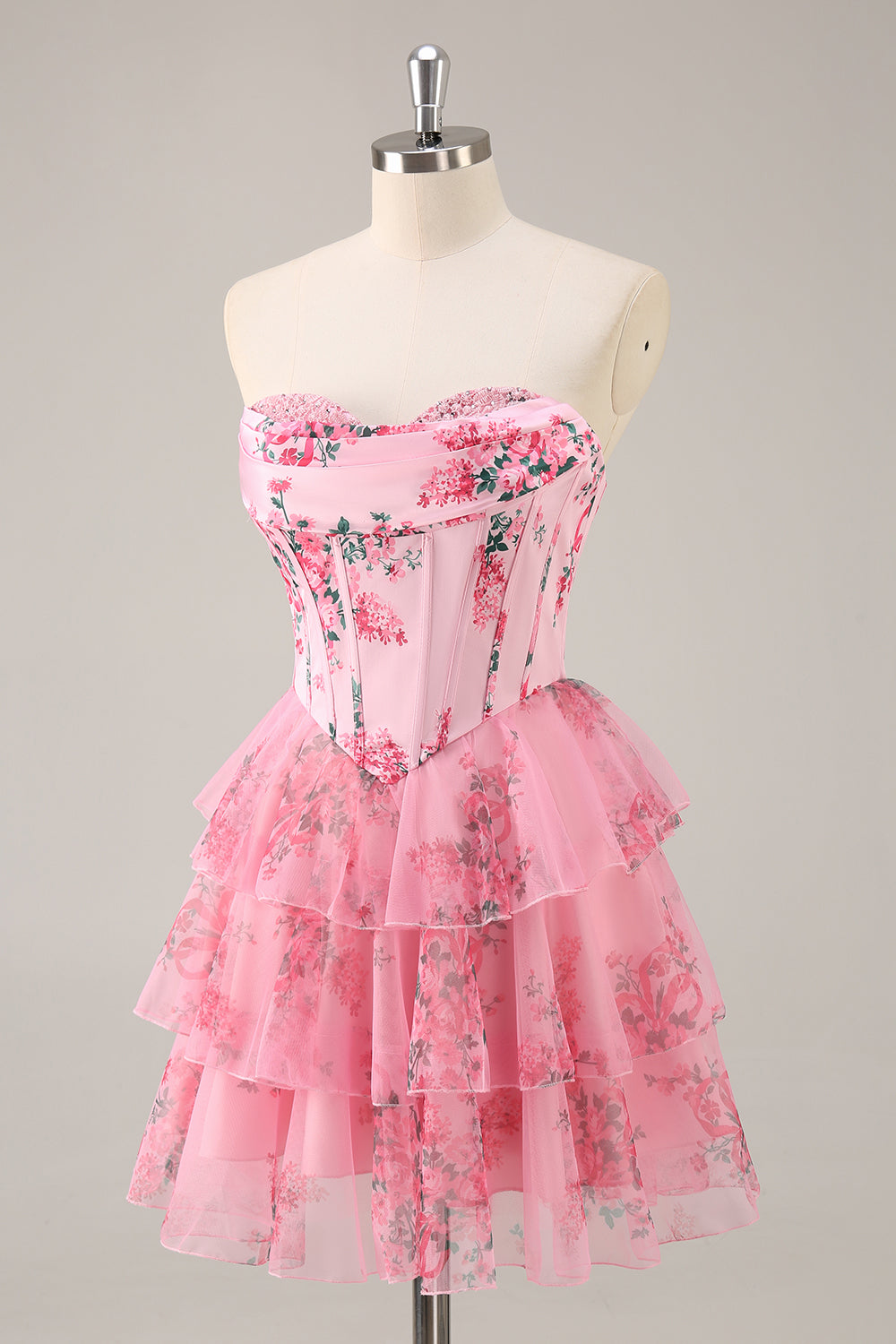 A-line Cowl Neck Blue Floral Print Strapless Corset Homecoming Dress
