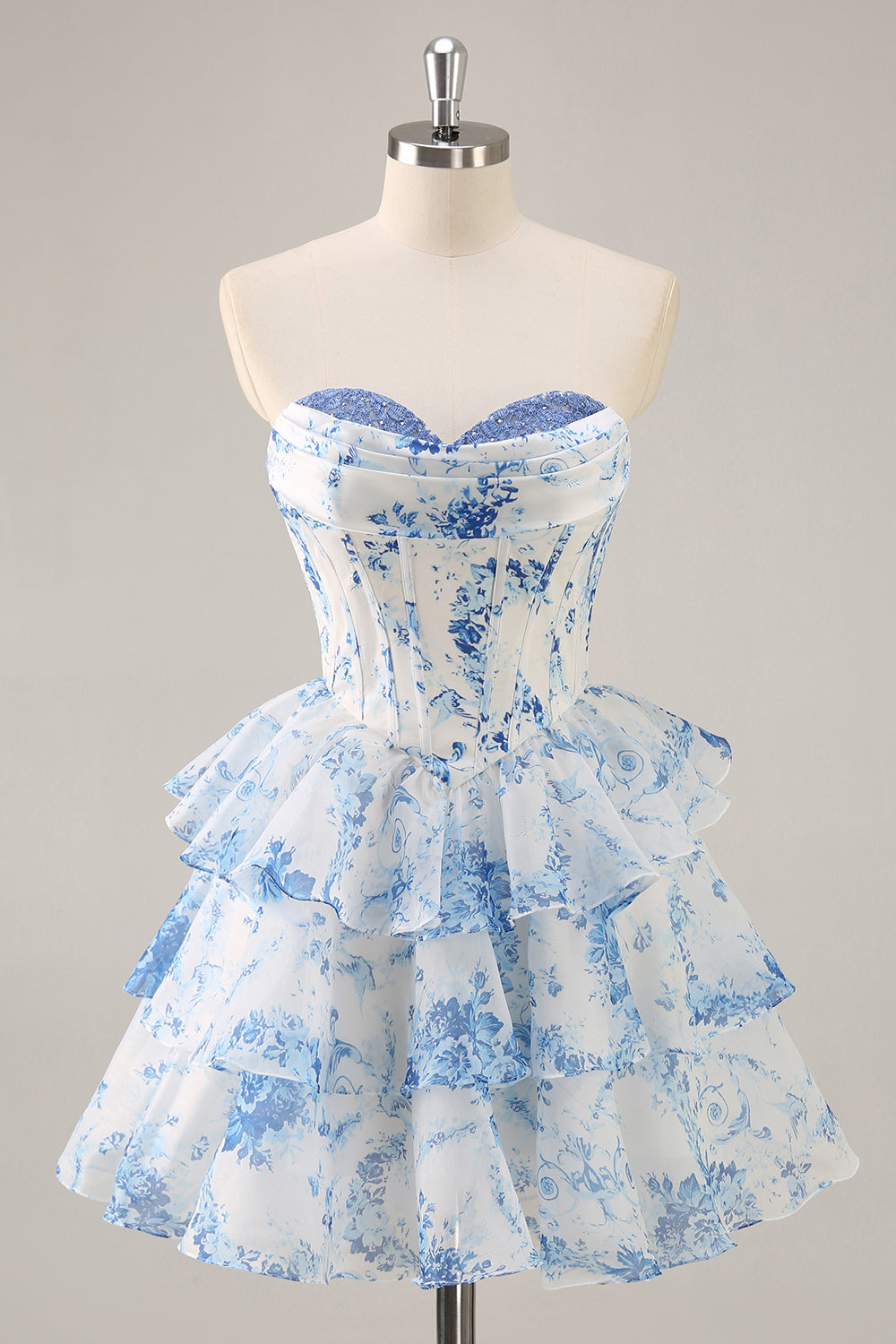 A-line Cowl Neck Blue Floral Print Strapless Corset Homecoming Dress