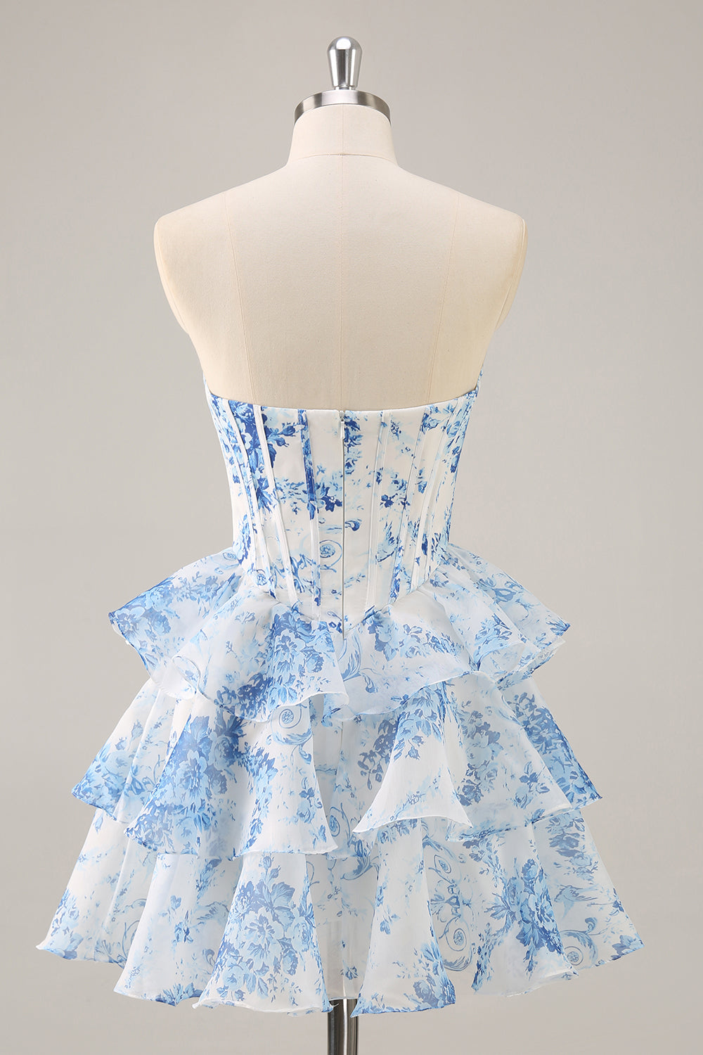 A-line Cowl Neck Blue Floral Print Strapless Corset Homecoming Dress