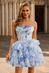 A-line Cowl Neck Blue Floral Print Strapless Corset Homecoming Dress