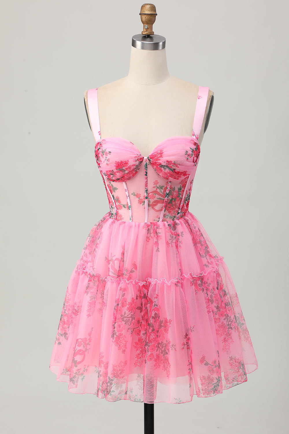 A-Line Floral Spaghetti Straps Sheer Corset Pink Short Homecoming Dress