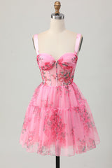 A-Line Floral Spaghetti Straps Sheer Corset Pink Short Homecoming Dress