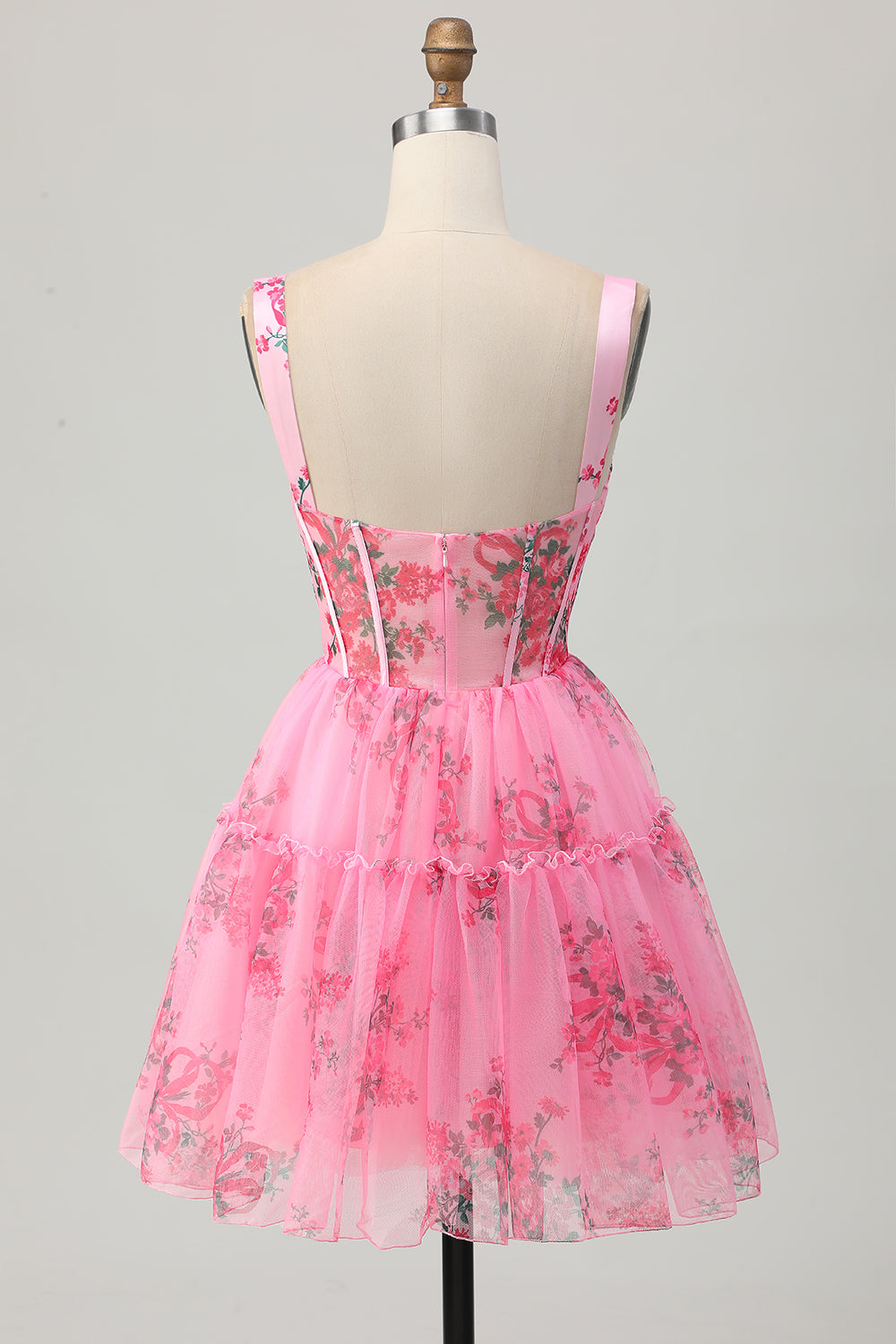 A-Line Floral Spaghetti Straps Sheer Corset Pink Short Homecoming Dress
