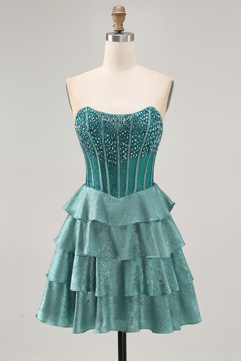 A-Line Corset Tiered Strapless Peacock Green Homecoming Dress
