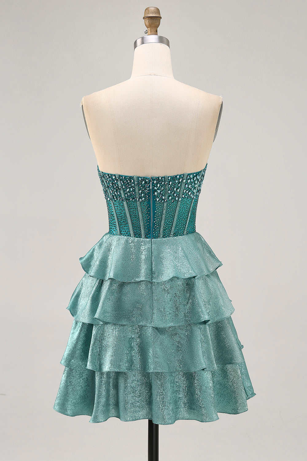 A-Line Corset Tiered Strapless Peacock Green Homecoming Dress