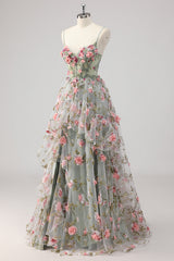 A Line Grey Green Beaded Corset Long Prom Dress with 3D Flowers