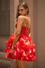 A Line Strapless Corset Ruffle Red Homecoming Dress with Bows
