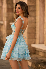 A Line Sheer Corset Tiered Blue Floral Homecoming Dress