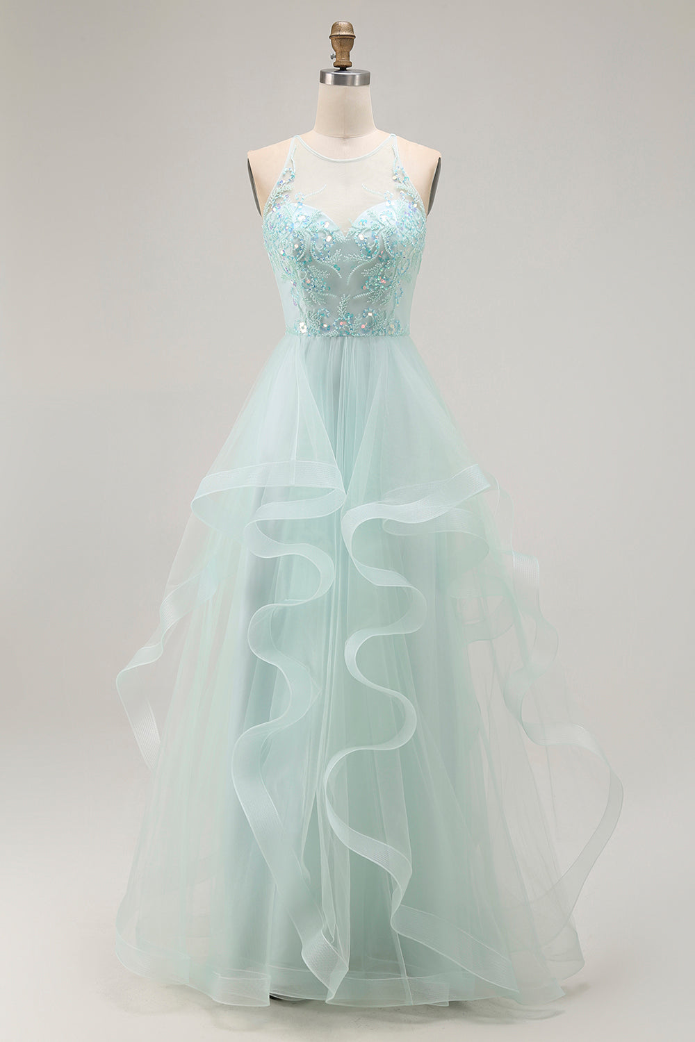 A Line Light Green Appliqued Tulle Long Prom Dress