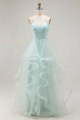 A Line Light Green Appliqued Tulle Long Prom Dress