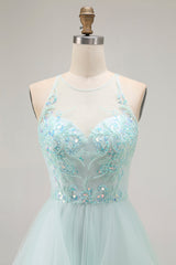 A Line Light Green Appliqued Tulle Long Prom Dress