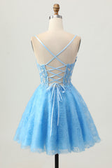 A Line Blue Short Corset Short Homecoming Dress with Lace Up Back