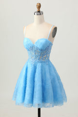 A Line Blue Short Corset Short Homecoming Dress with Lace Up Back