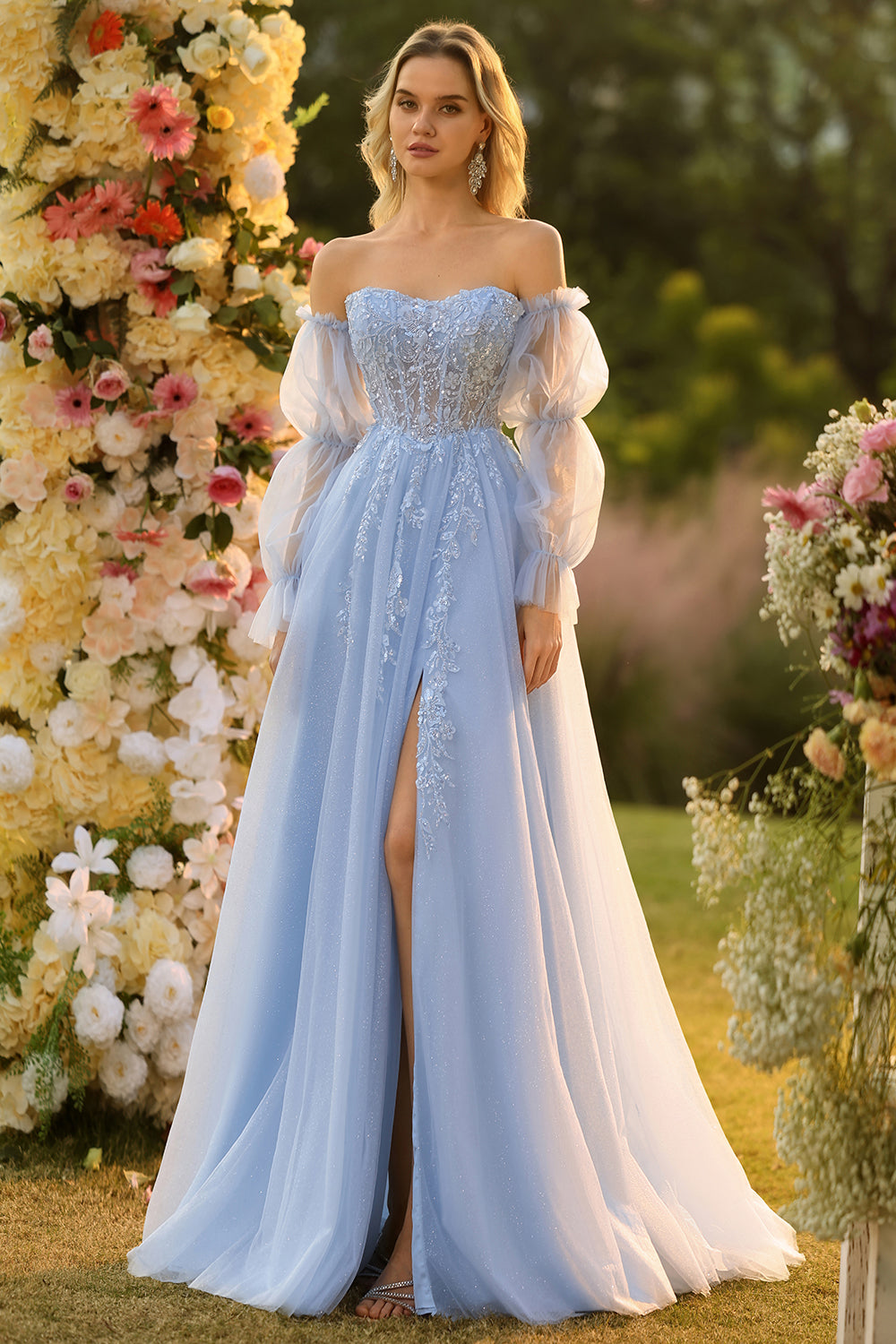 A Line Strapless Convertible Removable Sleeves Appliqued Long Purple Prom Dress with Slit