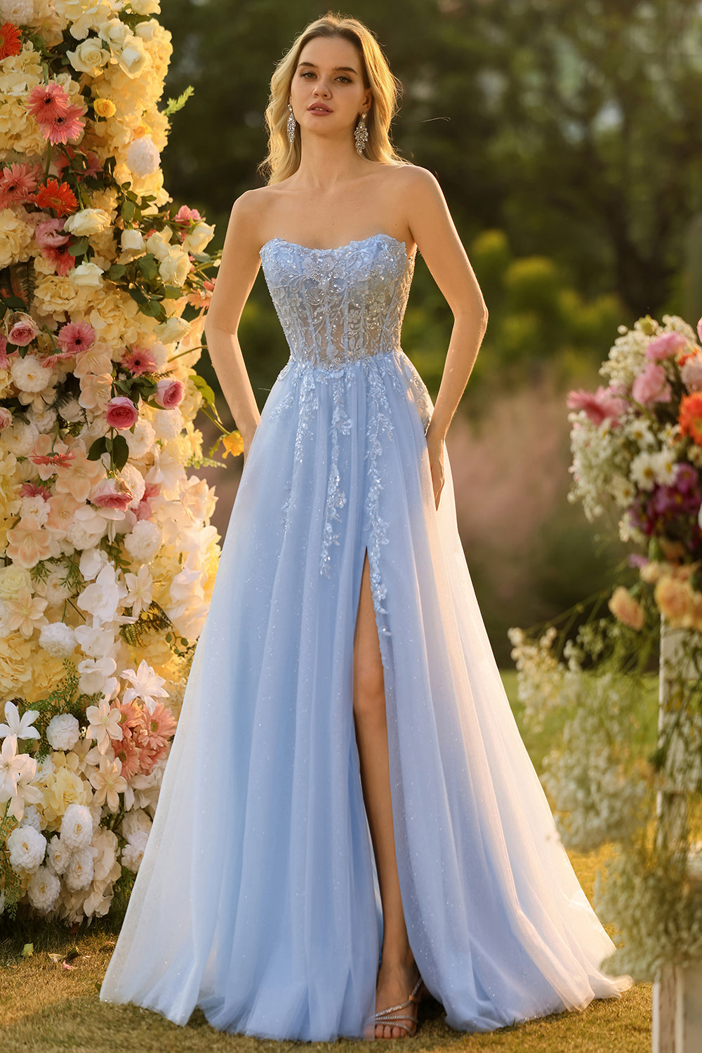 A Line Strapless Convertible Removable Sleeves Appliqued Long Purple Prom Dress with Slit