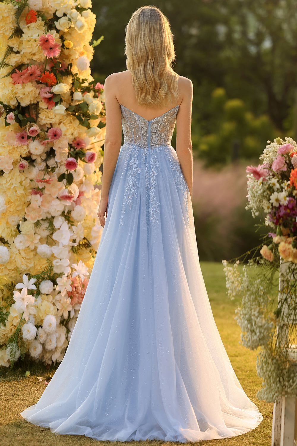 A Line Strapless Convertible Removable Sleeves Appliqued Long Purple Prom Dress with Slit