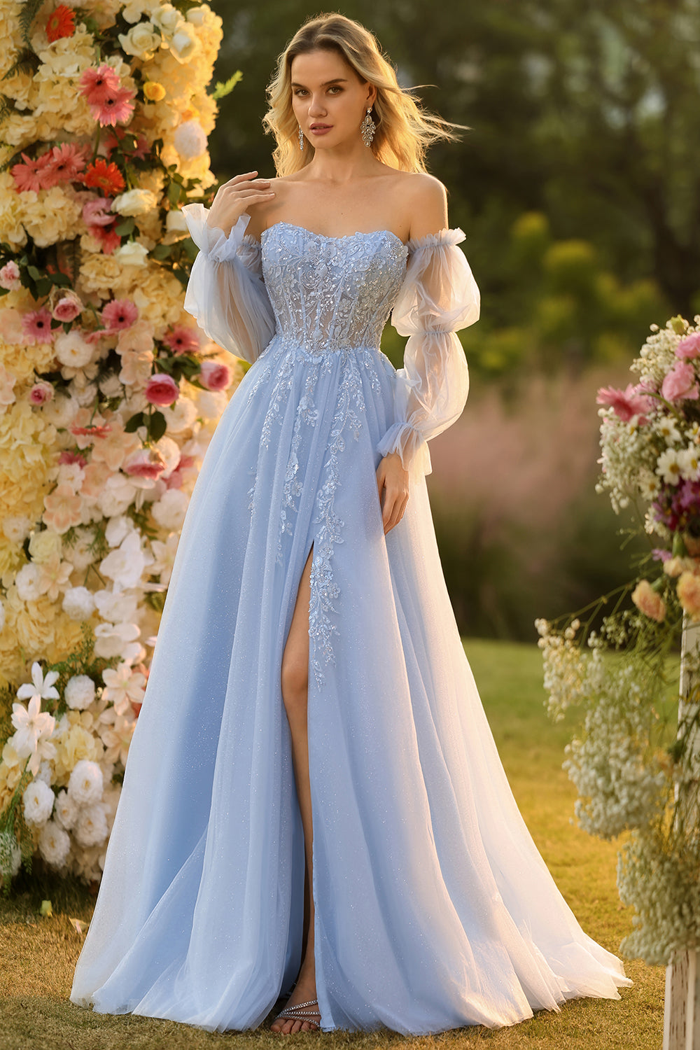 A Line Strapless Convertible Removable Sleeves Appliqued Long Purple Prom Dress with Slit