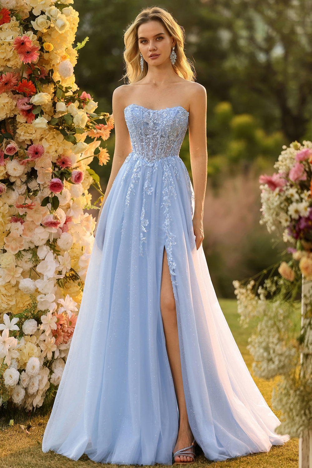 A Line Strapless Convertible Removable Sleeves Appliqued Long Purple Prom Dress with Slit