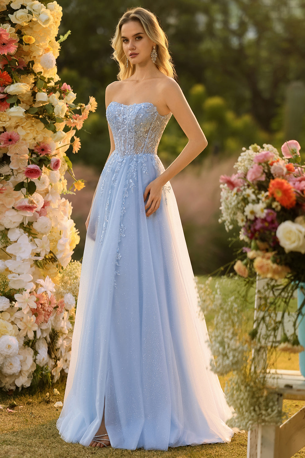 A Line Strapless Convertible Removable Sleeves Appliqued Long Purple Prom Dress with Slit