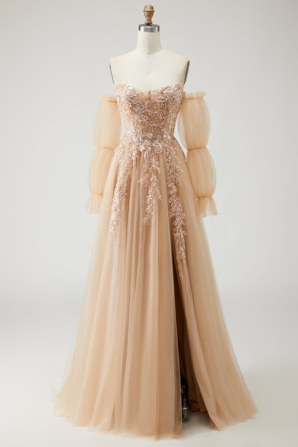 A Line Strapless Convertible Removable Sleeves Appliqued Long Purple Prom Dress with Slit