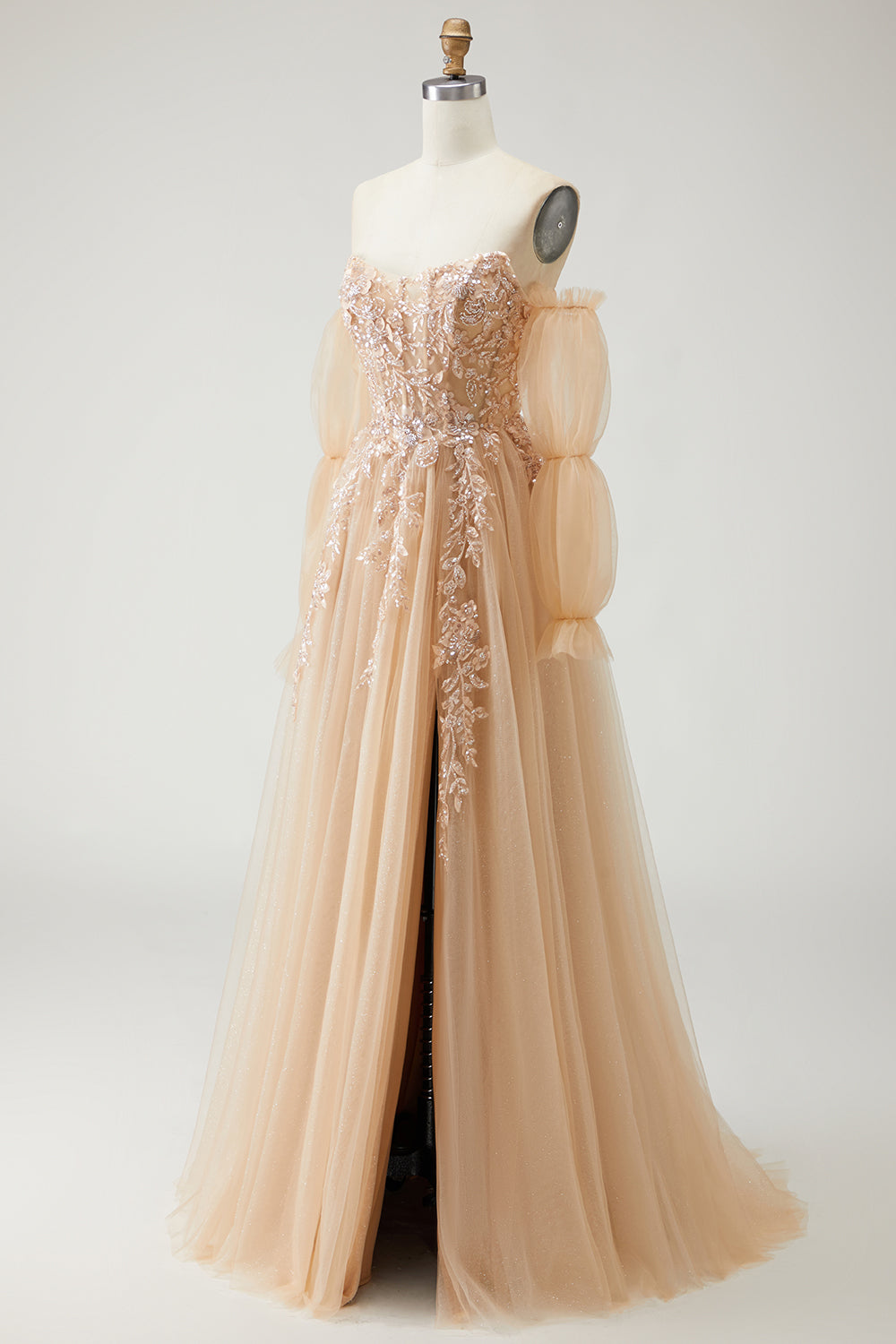 A Line Strapless Convertible Removable Sleeves Appliqued Long Purple Prom Dress with Slit