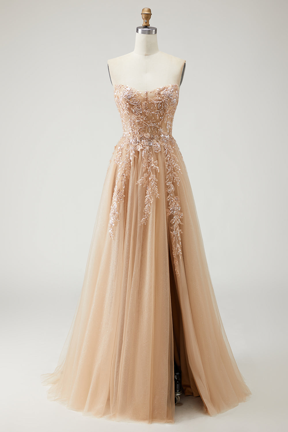 A Line Strapless Convertible Removable Sleeves Appliqued Long Purple Prom Dress with Slit