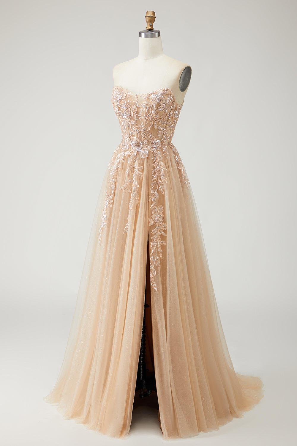 A Line Strapless Convertible Removable Sleeves Appliqued Long Purple Prom Dress with Slit
