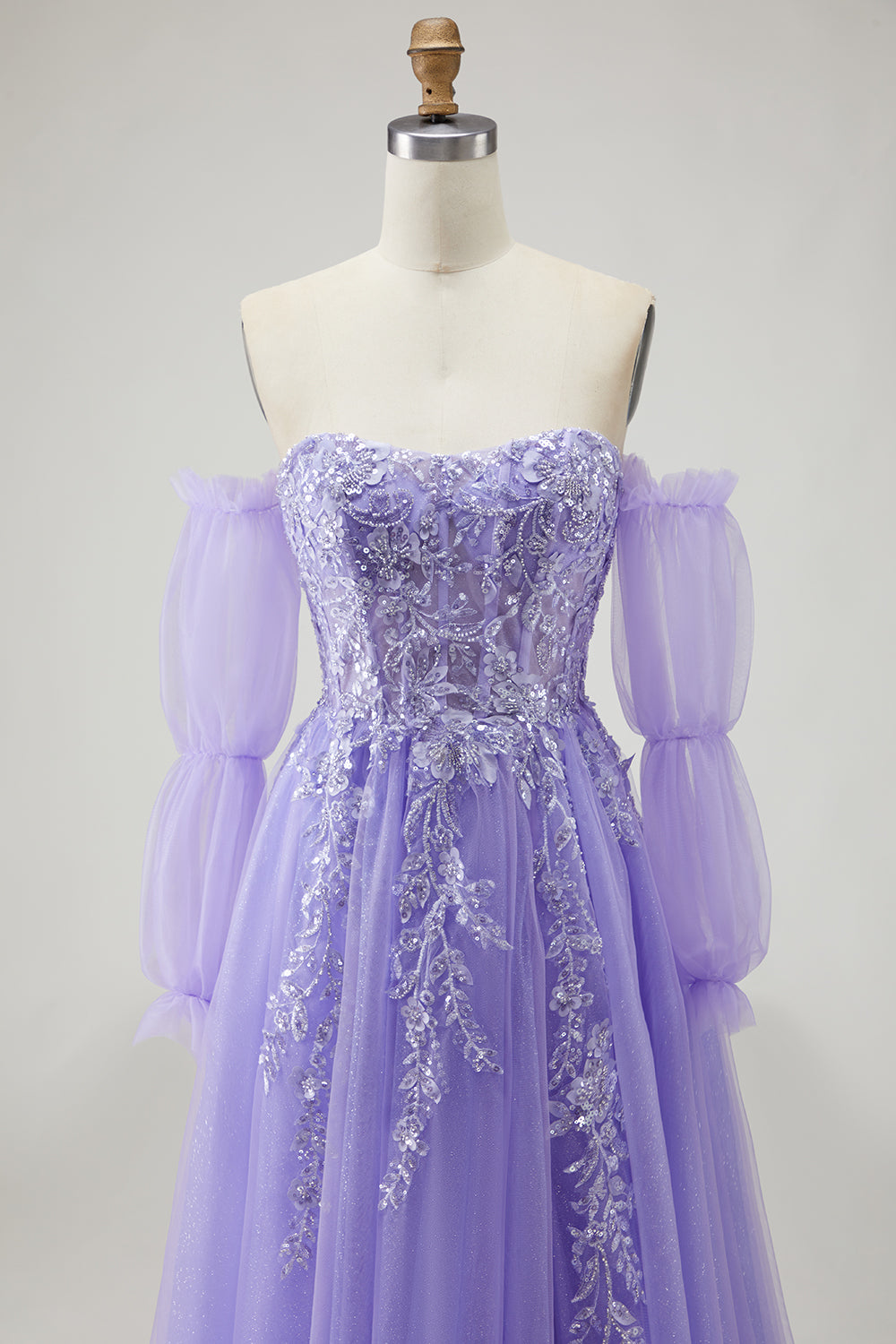 A Line Strapless Convertible Removable Sleeves Appliqued Long Purple Prom Dress with Slit