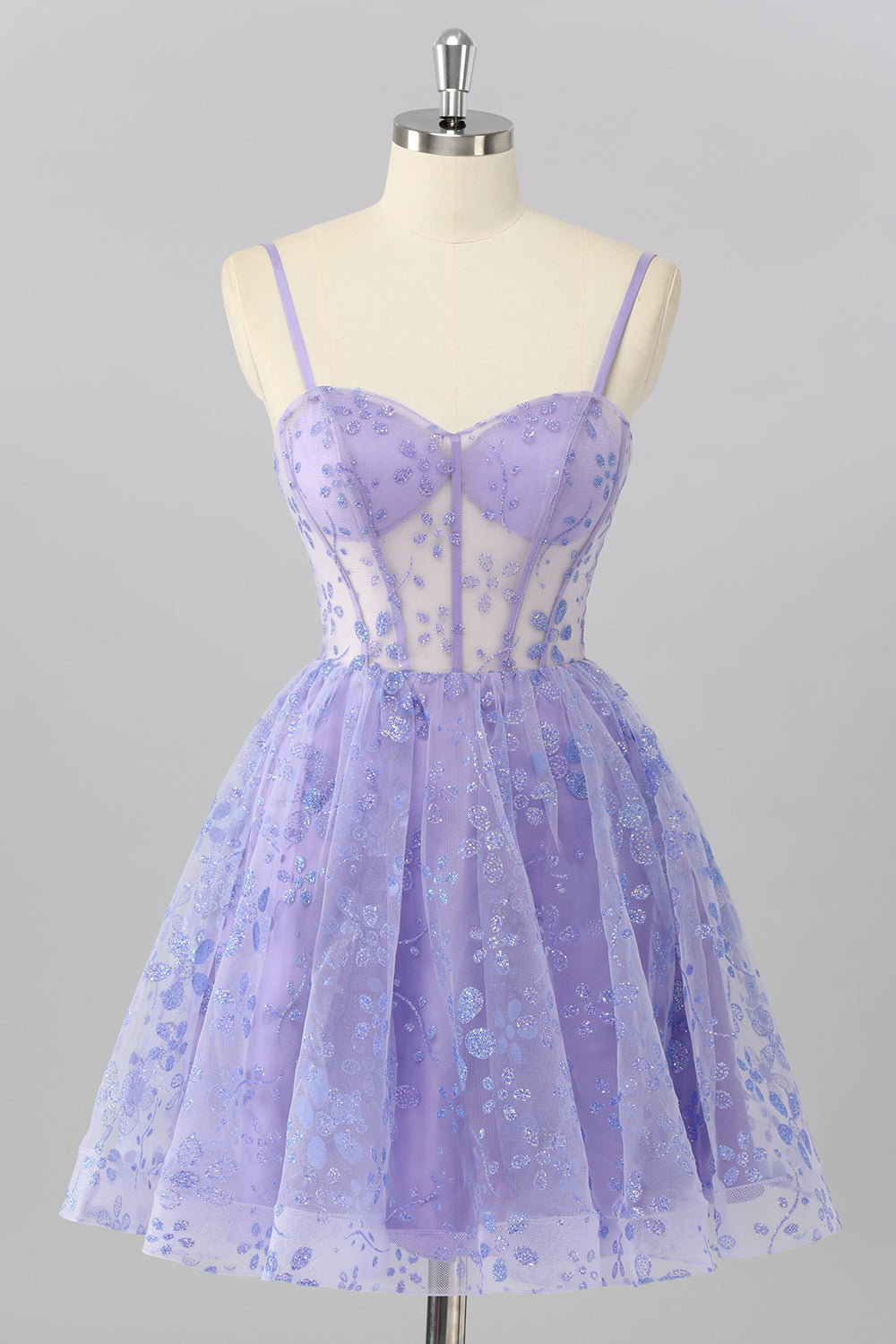A Line Sheer Corset Sequin Purple Homecoming Dress with Lace Up Back