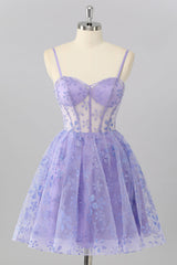 A Line Sheer Corset Sequin Purple Homecoming Dress with Lace Up Back