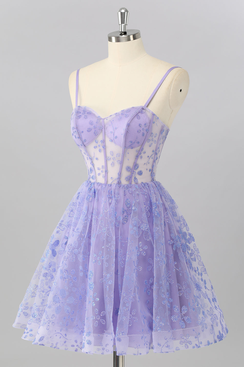 A Line Sheer Corset Sequin Purple Homecoming Dress with Lace Up Back