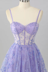 A Line Sheer Corset Sequin Purple Homecoming Dress with Lace Up Back