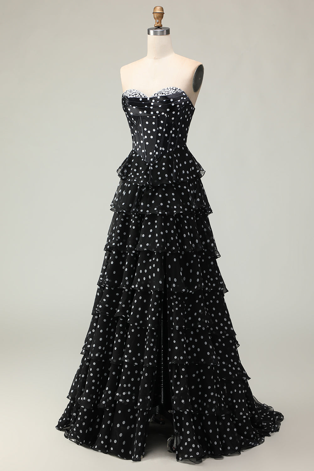 A Line Strapless Corset Tiered Polka Dots Ruffle Long Prom Dress with Slit