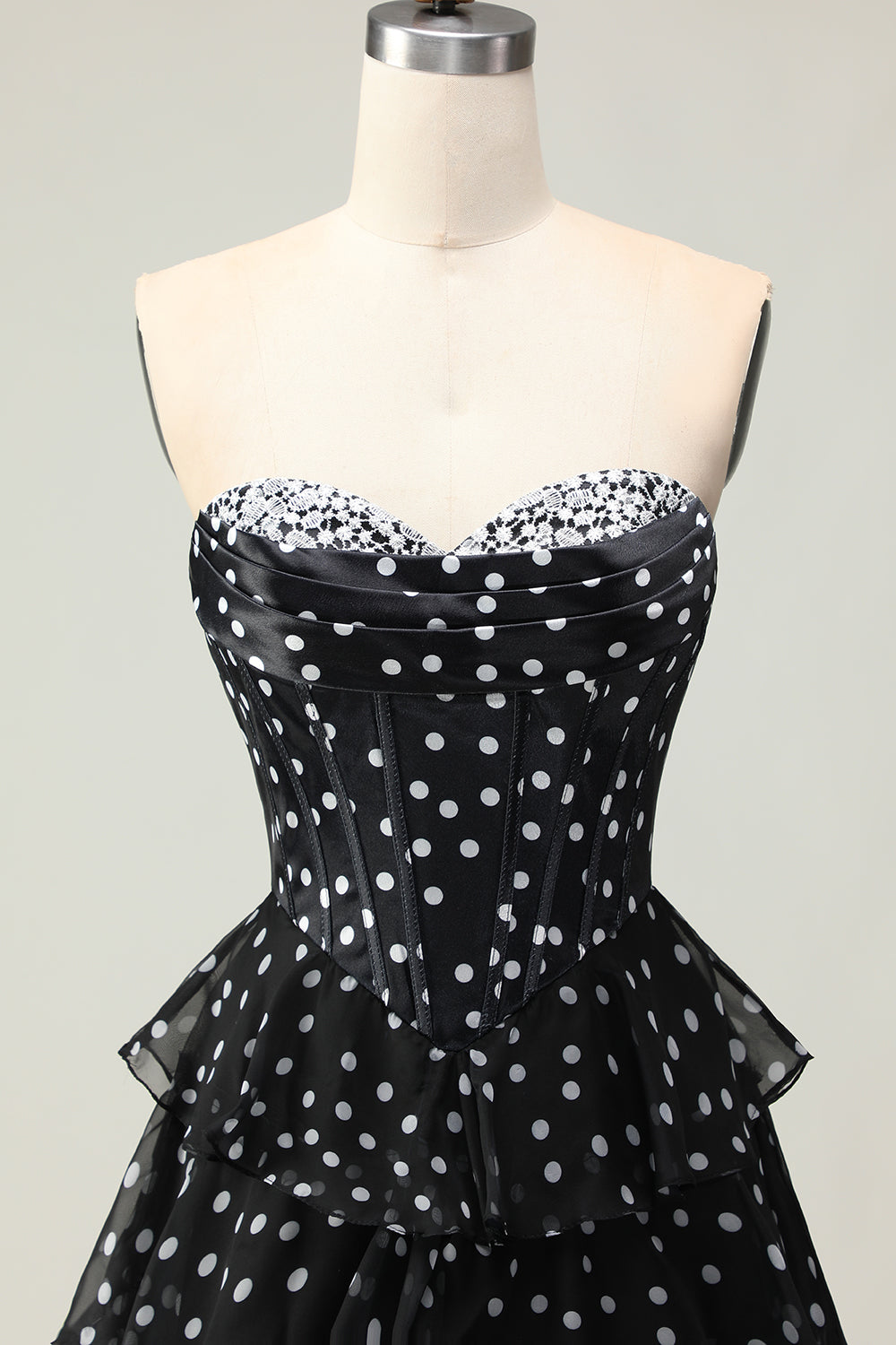 A Line Strapless Corset Tiered Polka Dots Ruffle Long Prom Dress with Slit