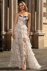 A Line Strapless Corset Tiered Polka Dots Ruffle Long Prom Dress with Slit