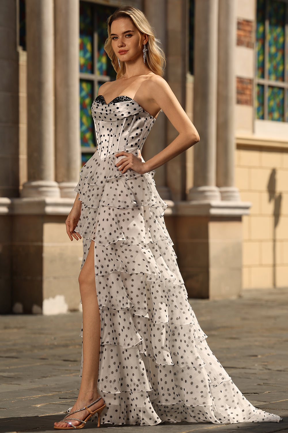 A Line Strapless Corset Tiered Polka Dots Ruffle Long Prom Dress with Slit