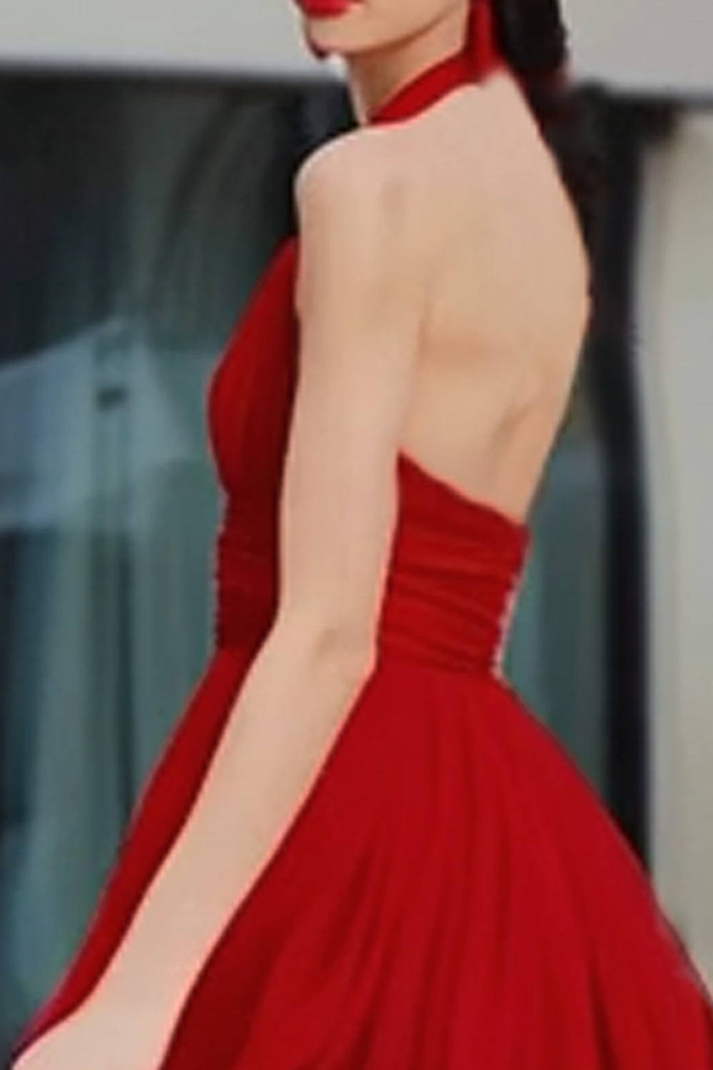 A Line Halter Tulle Open Back Long Red Carpet Dress