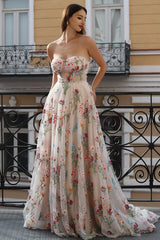 A-Line Sweetheart Sheer Corset Embroidered Maxi Floral Dress with Lace Up Back