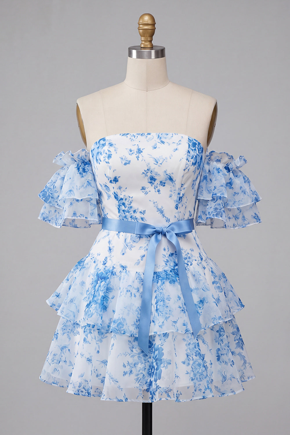A-Line Blue Off the Shoulder Tiered Floral Homecoming Dress