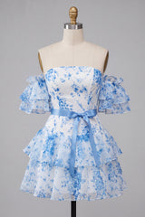 A-Line Blue Off the Shoulder Tiered Floral Homecoming Dress