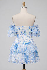 A-Line Blue Off the Shoulder Tiered Floral Homecoming Dress