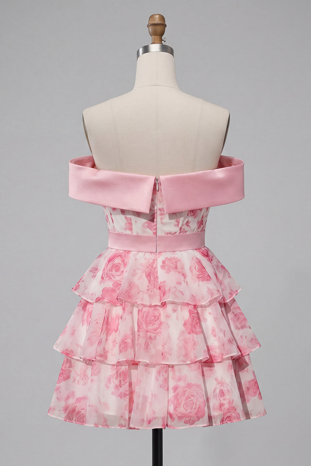 A-Line Off the Shoulder Pink Corset Floral Tiered Homecoming Dress with Bow