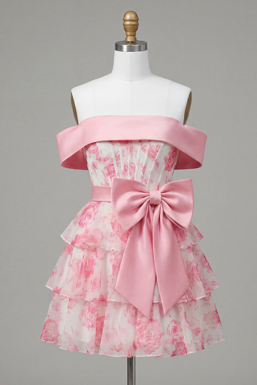 A-Line Off the Shoulder Pink Corset Floral Tiered Homecoming Dress with Bow