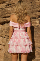 A-Line Off the Shoulder Pink Corset Floral Tiered Homecoming Dress with Bow