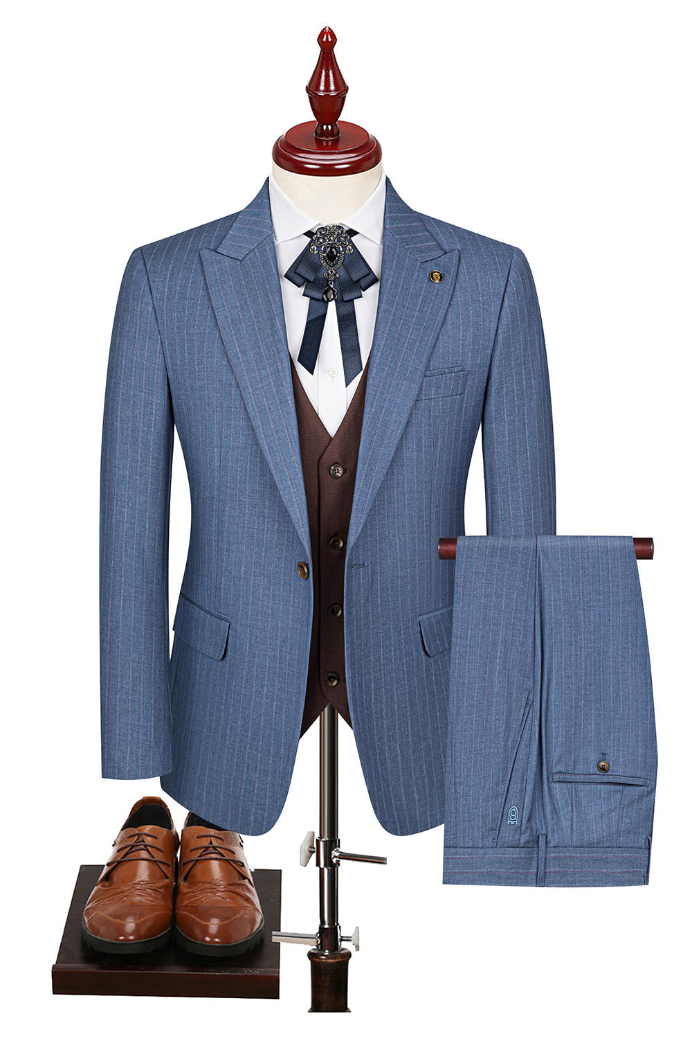 3 Piece Blue One Button Peak Lapel Men's Prom Suits