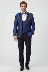 3 Piece Blue One Button Shawl Lapel Jacquard Men's Prom Suits